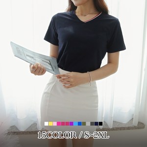 [당일발송] 여자친9 삼색컬러 배색 브이넥 반팔티셔츠(S~2XL)-국내제작 15칼라