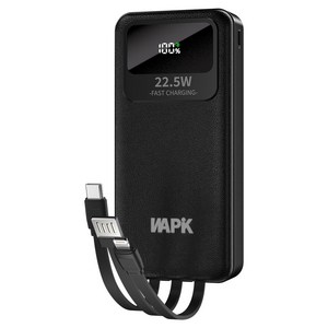 [한정특가]와피크 일체형 대용량 보조배터리 M1 20000mAh 고속충전 PD 22.5W QC 3.0 충전선 내장 기내반입 잔량표시, 블랙