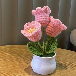 구미호 완제품 선물 차량용 사무실 장식품 니트 미니 꽃 화분 (양면테이프 포함), 1개, 은방울꽃(핑크)