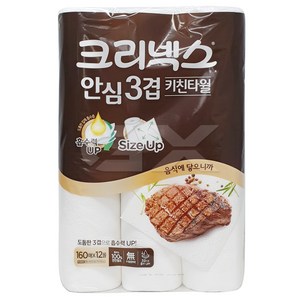 크리넥스 안심 3겹 키친타올 롤키친타올, 160매, 12개