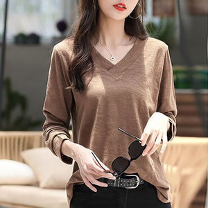 히트앤씨 3858 무지 브이넥 긴팔 티셔츠 여성 여자 데일리 심플 베이직 간절기