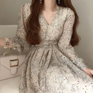 춘게엘 가을 v넥이 선염한 시폰 긴팔 롱 원피스 패션 xian010