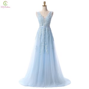 SSYFashion레이스브이넥레이스롱이브닝드레스섹시백리스무도회드레스커스텀스위트라이트블루신부파티핫세일