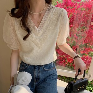 여성스러운스팽글 브이넥 레이스 블라우스_