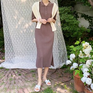 아모르데이 얼코카라 트임 골지 니트 반팔 롱 원피스