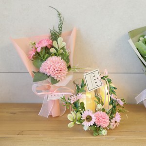 핸드메이드 고급 폼폼데이지 꽃다발+리스 세트 납골당 성묘, 폼폼데이지 핑크 SET, 1개