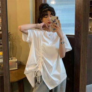 구디프 여성용 언발 스트링 라운드넥 반팔 티셔츠