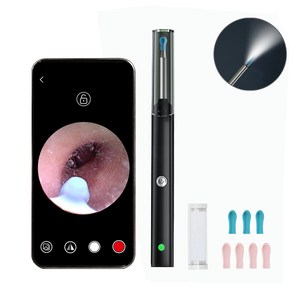 KUAHAI 2000W 고화질 내시경 귀이개 무선 LED 조명 귀파개 스마트 카메라 귀이개 일체형 귀후비개 소프트헤드 Type-C충전, 블랙, 1개