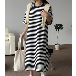 [럽즈올 국내제작] 빅사이즈 오버핏 여름 반팔 임산부 임부복 스트라이프 단가라 롱원피스
