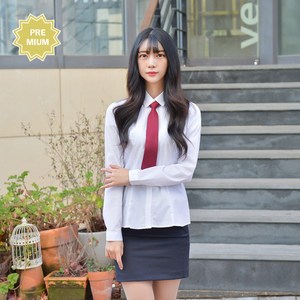 신축성좋은 여자 라운드카라 흰색 교복블라우스 (레드체크) 2XL