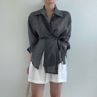 비비에모 여성용 카라넥 시스루 브레스티드 랩 셔츠 10042