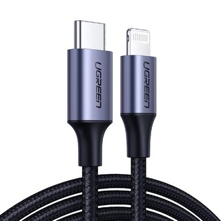 UGREEN 綠聯 MFi蘋果官方認證 USB-C-Lightning iPhone快充充電線 金屬編織版, 0.5m, 深空灰, 1條