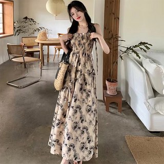 피어니스트 플로럴 끈나시 롱 원피스 휴양지룩