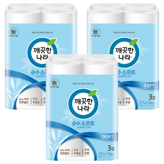 깨끗한나라 순수 소프트 천연펄프 3겹 고급롤화장지, 27m, 12개입, 3개