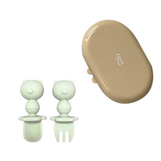 티지엠 실리콘 자기주도 스푼 + 포크 + 케이스 세트, 곰돌이 애플그린