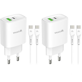밸류엠 25W 2포트 PPS 초고속 멀티 USB-A / USB-C 충전기 + C타입 to C타입 케이블 세트, 화이트, 2세트