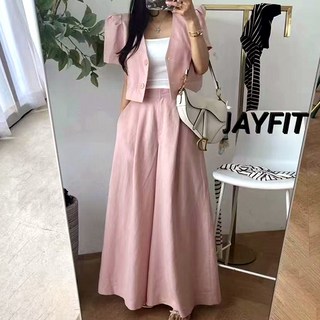 비비에모 통기성 캐주얼 퍼프 크롭자켓 + 빅와이드 팬츠 투피스 세트