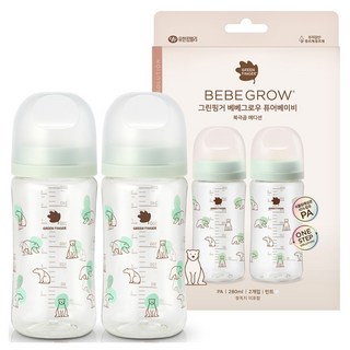 베베그로우 그린핑거 퓨어베이비 북극곰 PA 노꼭지 젖병 280ml 트윈팩, 민트, 1개