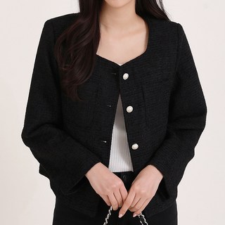 퀸이즈 여성용 스퀘어넥 진주 버튼 트위드 크롭 자켓