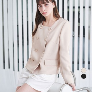 ELLE PARIS 여성용 스퀘어넥 버튼 디테일 트위드 자켓