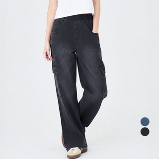 아피나르 여성용 세미와이드핏 풀스판 카고 데님 밴딩 팬츠