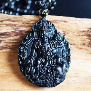 喜緣玉品 十二生肖八大守護神 古典黑曜石玉珮, 51*42*11mm, 普賢菩薩 龍蛇, 1個