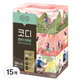 코디 행복이 톡톡톡 천연펄프 각티슈 2겹, 200매, 15개