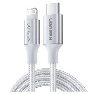 UGREEN 綠聯 MFi蘋果官方認證 USB-C-Lightning iPhone快充充電線 金屬編織版, 1m, 極光銀, 1條