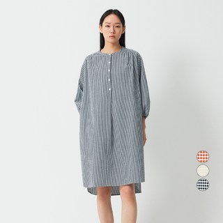 JAJU 여성용 냉감 통기성 시어서커 체크 코튼 루즈핏 7부 파자마 원피스