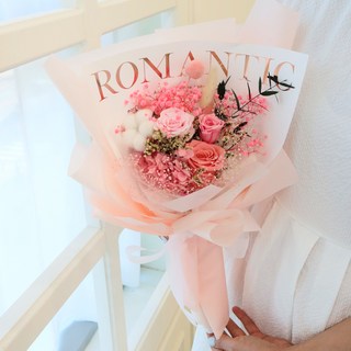 모리앤 생화 로맨틱 장미 3송이 프리저브드 조명 꽃다발 + 기프트쇼핑백 세트, 로맨틱핑크, 1세트