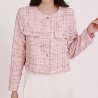 퀸이즈 여성용 라운드넥 체크 패턴 트위드 크롭 자켓