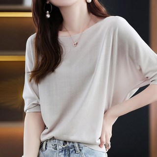 ROYALBELLE 여성 레이온 루즈핏 라운드넥 반팔 티셔츠 패션 5부소매 블라우스 M0050329