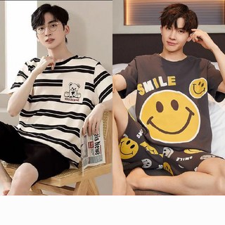 1+1 남성 여름 반팔 파자마 세트 캐주얼 라운드 상의 + 반바지 아웃도어 이지웨어 루즈핏 얇은 훔웨어 상하 투피스 빅사이즈 ZZL
