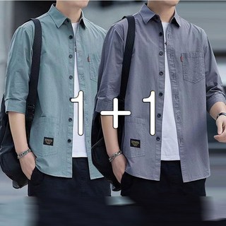 POMTOR 1+1 여름 남성 7부 셔츠 얇은 코트 상의 루즈핏 캐주얼 셔츠