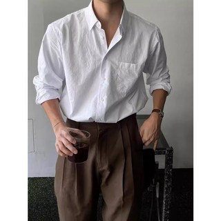 Wiseha 남성 가을 고급스러운 린넨 셔츠 오버핏 카라 심플 백프로 워셔블 면 와이셔츠