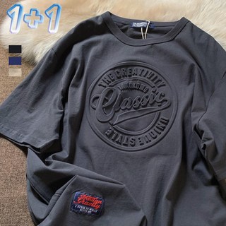 JUSTFEELING 1+1 남여 커플룩 반팔티 레터링 양각 루즈핏 반팔 티셔츠 박시티 풀오버 여름티셔츠