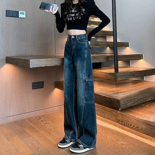 AOKADA 여성 와이드 데님 팬츠 하이웨스트 절개라인 오버핏 일자 통청바지