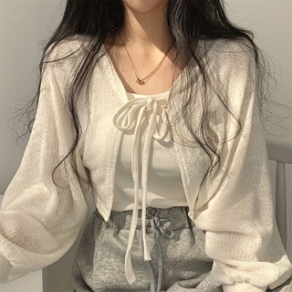 여성 여름 루즈핏 벌룬 소매 볼레로 가디건