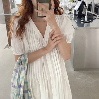 모니카 세로 핀턱 버튼 롱 원피스 제이플로우 린넨 여름 루즈핏 주름 브이넥