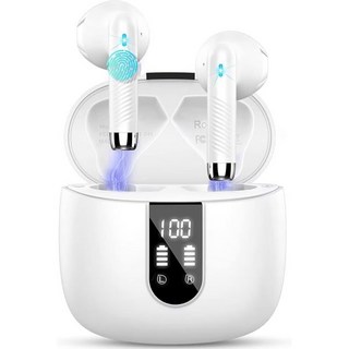 무선 이어버드 블루투스 헤드폰 48시간 재생 시간 LED 파워 디스플레이 IPX7 방수 5.3 이어폰 인이어 4마이크 안드로이드 iOS 휴대폰 노트북용 화이트, 무선 이어버드 블루투스 헤드폰 48시간 재생 시간 LE