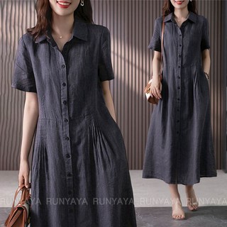 린넨 셔츠 스커트 빅사이즈 브이넥 롱원피스 단추 카라 여름 미디 원피스 D88U