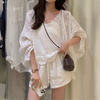 유니크코코 여성 여름 시스루 얇은 나시 가디건 세트