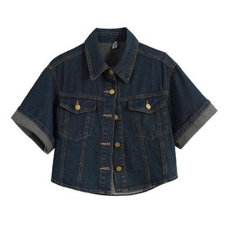 WEIHAN 여성 크롭 반팔 데님 자켓 아우터 캐주얼 슬림 루즈릿 카라넥 반팔 남방 셔츠