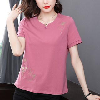 AOKADA 반팔티 멈마 반팔 자수 면티 라운드티 엄마옷 반팔 여성 할머니옷 여름 루즈핏 상의 60대 50대 중년 여성 티셔츠