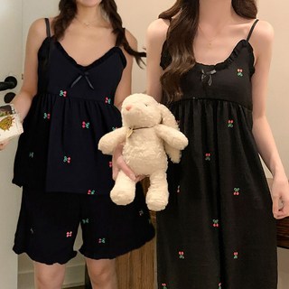 노브라 해방템 캡내장 잠옷 나시 끈조절 상하세트 원피스 여름 필수 홈웨어 끈나시 귀염뽀짝 블랙체리 파자마(3455)