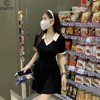 크레스티 여름 반팔 카라 슬림핏 원피스 여성 베이직 데일리 A라인 스커트