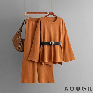 AOUGK 여성 오버핏 니트티 와이드팬츠 상하세트 캐주얼 스웨터 + 니트 바지 니트투피스 데일리