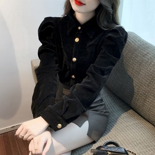 빈티지 블랙 벨벳 셔츠 여성 디자인 소추 겨울 기모 벌룬 시크 스몰 탑
