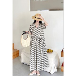 [C&D] leaf-patterned balloon dress_나뭇잎 패턴 브이넥 벌룬 오버핏 퍼프소매 여성 롱 원피스