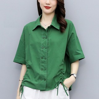 ROYALBELLE 여성 루즈핏 면 셔츠 스트링 포인트 더블버튼 캐주얼 데일리 반팔 블라우스 F0052405